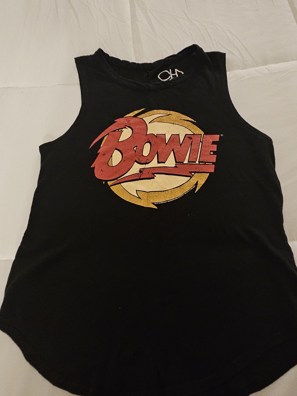 Chaser Bowie Black Glitter Graphic Muscle Tank with Red & Gold Logo. Please Read